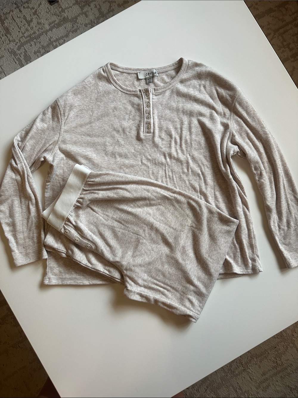 Cozy Light Beige Henley Pajama Set - Soft Long-Sleeve Top & Pants